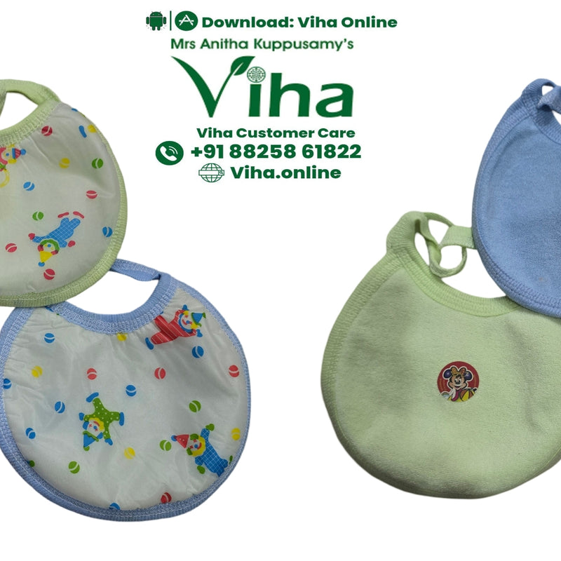 Baby Bib, five cloth bibs in light green, pink, blue, and white with cartoon patterns are displayed on a white background