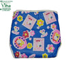 Water Proof Walcro Diaper "M" Size with Cotton Pad, blue fabric printed with colorful flower and animal patterns with white trim
