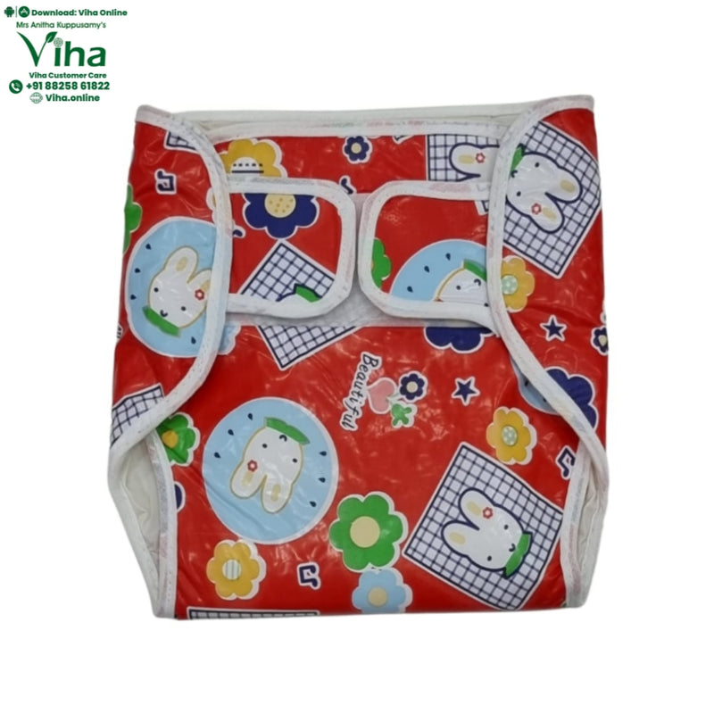 Water Proof Walcro Diaper with a red fabric and cartoon graphics