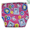 Water Proof Walcro Diaper with Cotton Pad, a pink fabric garment patterned with cute rabbit and flower motifs in white, blue, yellow, and green