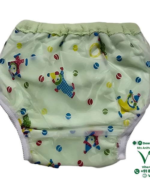 Baby Panty, a pale green waterproof pant printed with colorful toy patterns