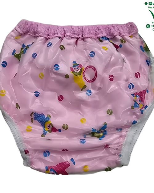 Waterproof Soft Cotton Baby Panty with a pink cartoon pattern and elastic waistband