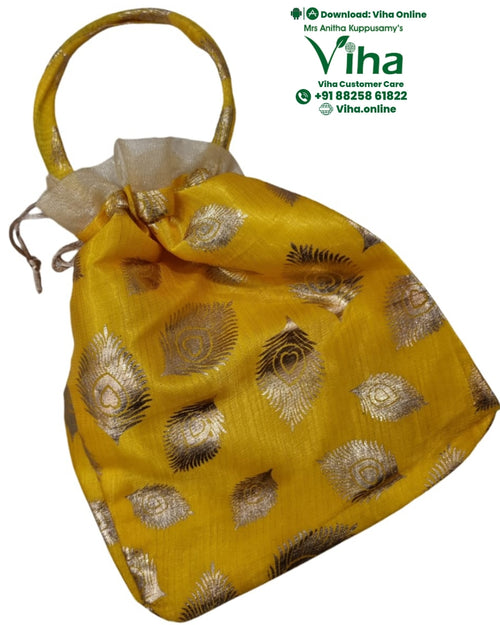 Potli Bag, a yellow drawstring pouch featuring silver-toned feather motifs, a round handle, and a semi-sheer inner collar