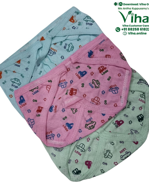 Baby Langott, three pairs of patterned infant undergarments in blue, pink, and green featuring overlapping cross-front waistbands and cartoon car motifs