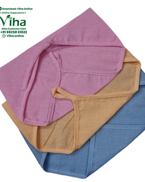 Baby Langott Pure Cotton, three folded fabric pouches in pink, yellow, and blue, each featuring a strap and stitched seams