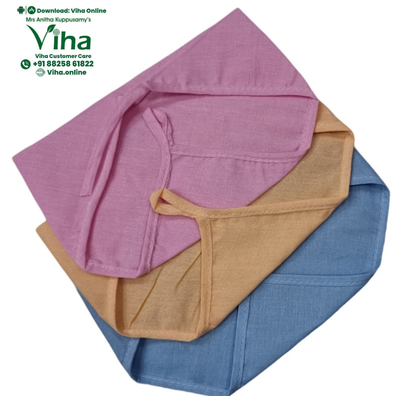 Baby Langott Pure Cotton, three folded fabric pouches in pink, yellow, and blue, each featuring a strap and stitched seams
