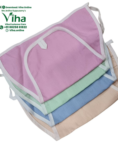 Baby Langott Pure Cotton, a stack of four rectangular fabric pouches in pink, mint green, blue, and beige with white piping edges and attached ties