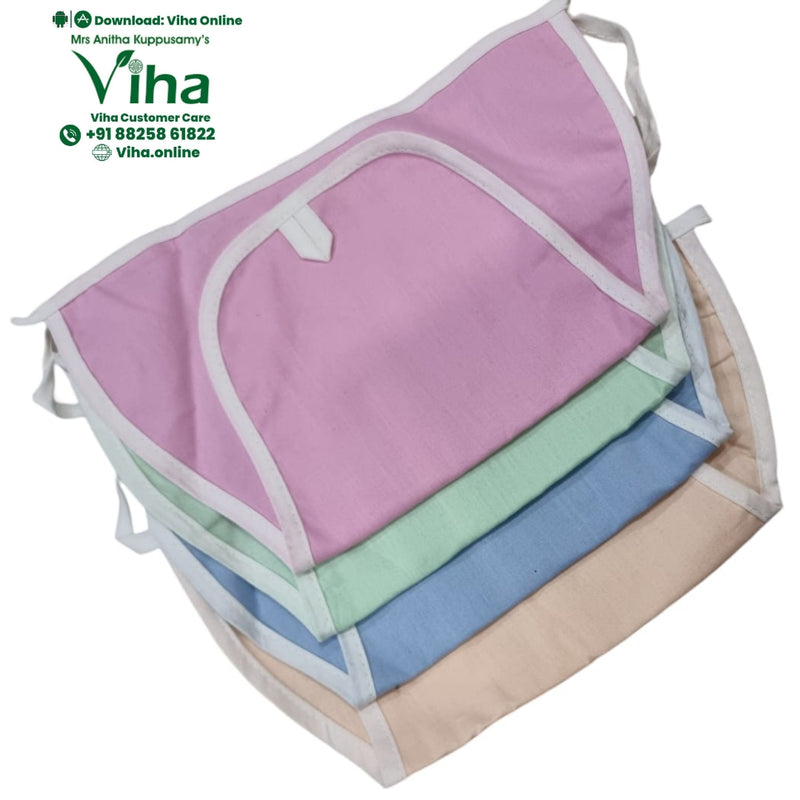 Baby Langott Pure Cotton, a stack of four rectangular fabric pouches in pink, mint green, blue, and beige with white piping edges and attached ties