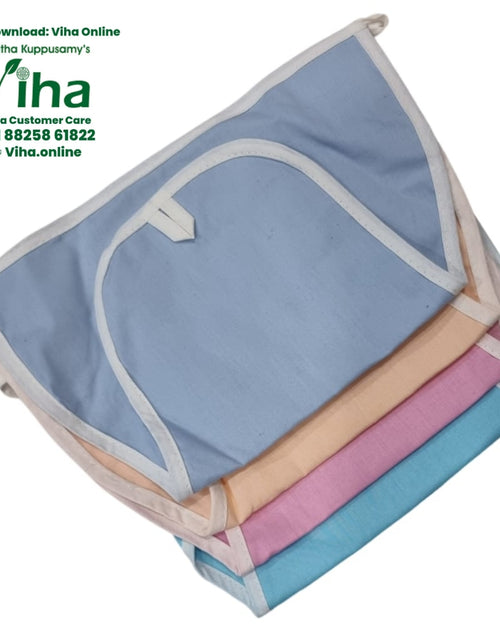 Baby Langott Pure Cotton, stacked blue, peach, pink, and bright blue fabric pouches with white-trimmed curved flaps and hanging loops