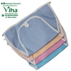 Baby Langott Pure Cotton, stacked blue, peach, pink, and bright blue fabric pouches with white-trimmed curved flaps and hanging loops
