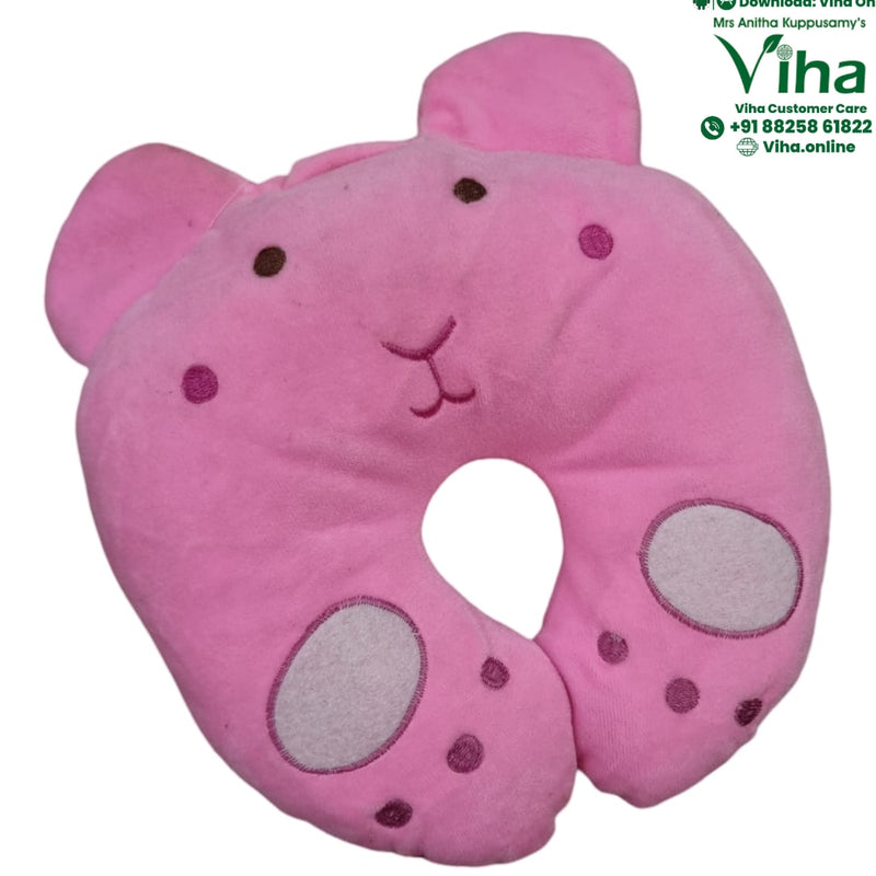 Baby Monkey Pillow Soft, a pink U-shaped plush toy with two ears, embroidered facial features, and paw pad details