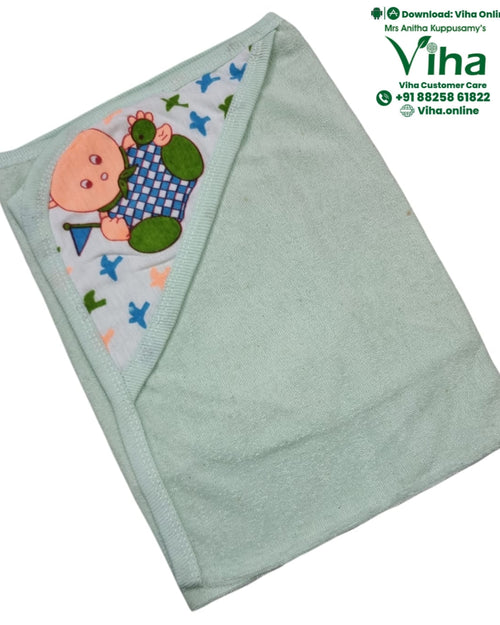 Baby Towel Sheet, mint green hooded towel with a turtle cartoon print on the hood