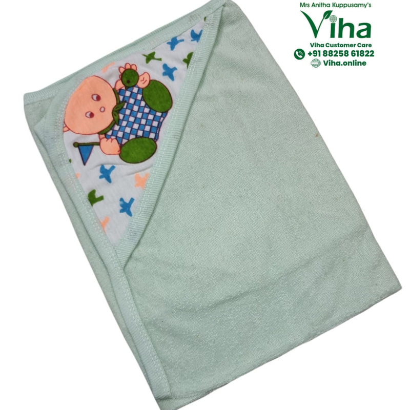 Baby Towel Sheet, mint green hooded towel with a turtle cartoon print on the hood