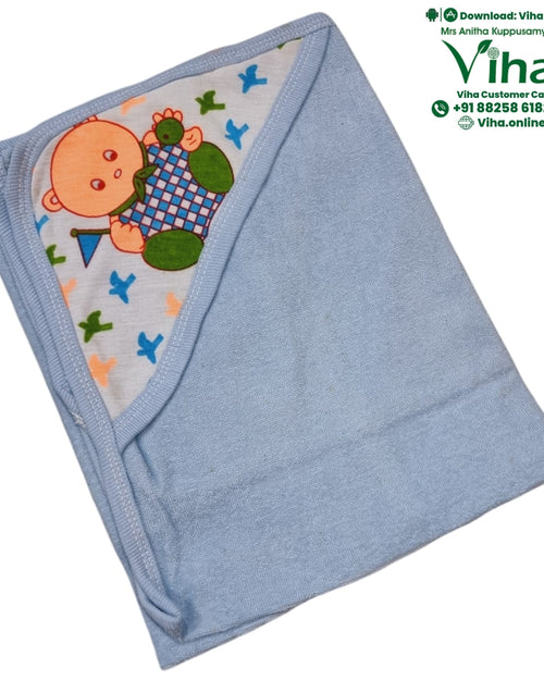 Baby Towel Sheet, folded light blue baby blanket with cartoon baby graphic inside hood