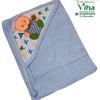 Baby Towel Sheet, folded light blue baby blanket with cartoon baby graphic inside hood