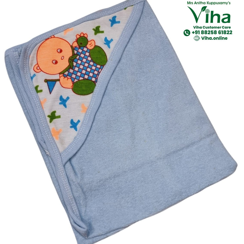 Baby Towel Sheet, folded light blue baby blanket with cartoon baby graphic inside hood