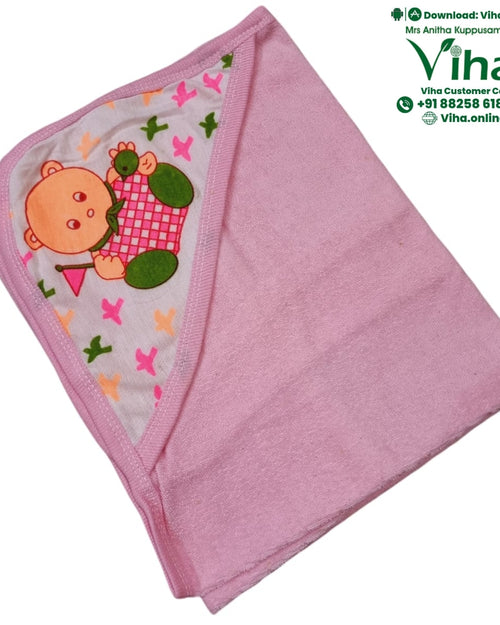Baby Towel Sheet, a pink folded fabric with a white triangular corner featuring a cartoon character and scattered colored birds, edged in pink trim