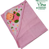 Baby Towel Sheet, a pink folded fabric with a white triangular corner featuring a cartoon character and scattered colored birds, edged in pink trim