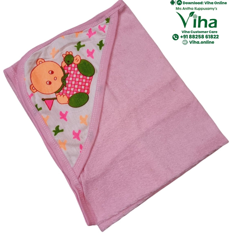 Baby Towel Sheet, a pink folded fabric with a white triangular corner featuring a cartoon character and scattered colored birds, edged in pink trim