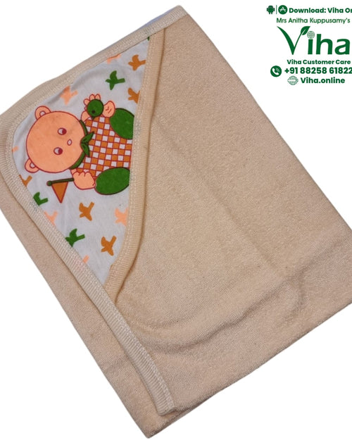 Baby Towel Sheet, a folded beige fabric item with a white triangular hood printed with a cartoon bear graphic and small orange and green bird motifs