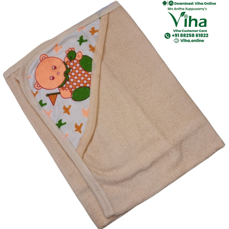 Baby Towel Sheet, a folded beige fabric item with a white triangular hood printed with a cartoon bear graphic and small orange and green bird motifs