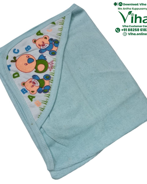 Baby Towel Sheet, blue hooded towel with a bird and teddy bear print on the hood
