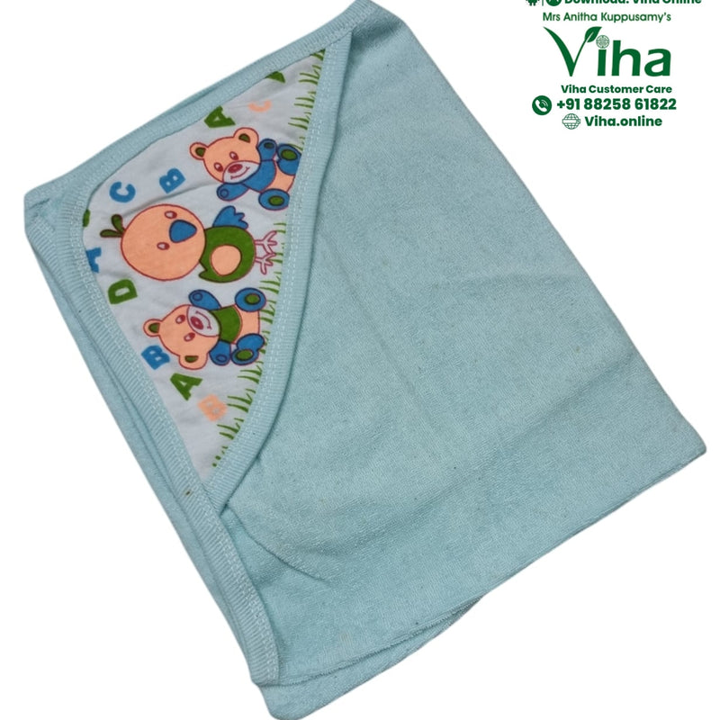Baby Towel Sheet, blue hooded towel with a bird and teddy bear print on the hood