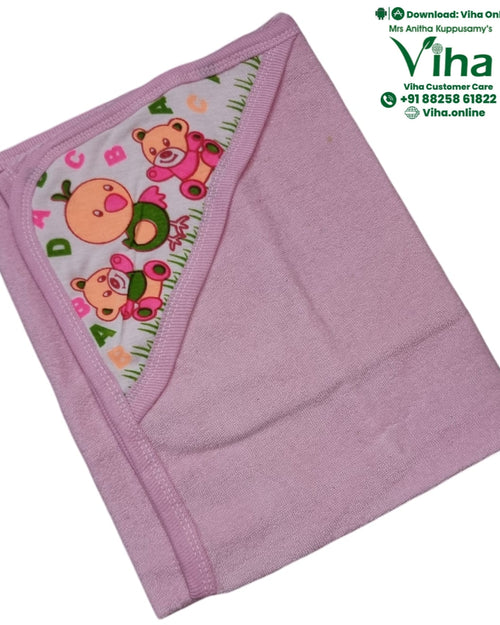 Baby Towel Sheet, pink hooded towel with a bird and teddy bear print on the hood