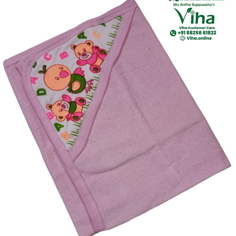 Baby Towel Sheet, pink hooded towel with a bird and teddy bear print on the hood