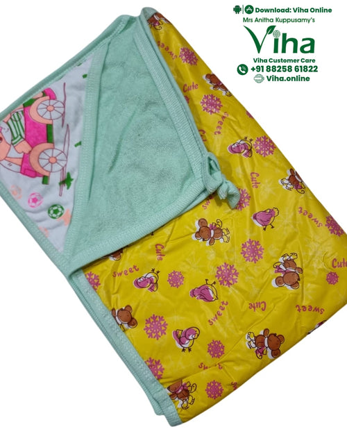 Baby Sheet With Towel - Water Proof, a folded baby blanket in yellow, light green, and white with cartoon animal prints and a tied corner