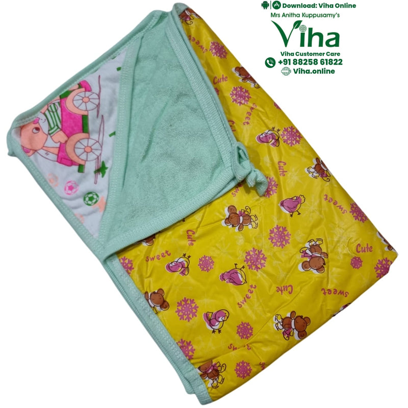 Baby Sheet With Towel - Water Proof, a folded baby blanket in yellow, light green, and white with cartoon animal prints and a tied corner