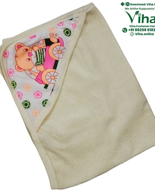 Baby Towel Sheet, cream hooded towel with a bear on a bicycle print on the hood