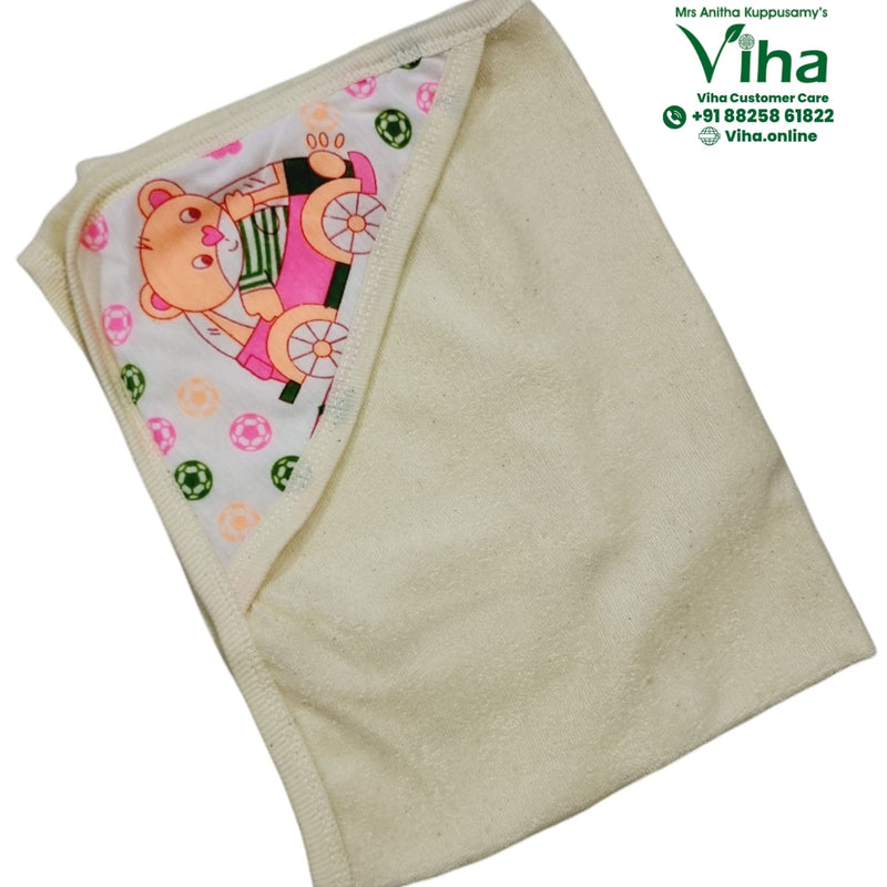 Baby Towel Sheet, cream hooded towel with a bear on a bicycle print on the hood