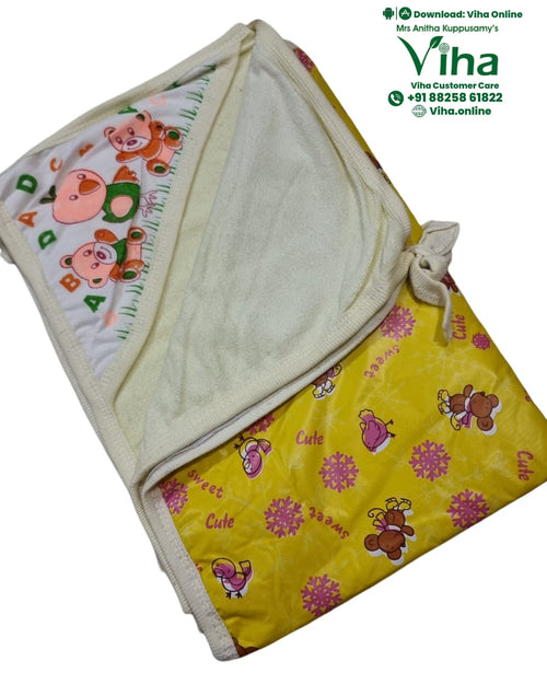 Baby Sheet with Towel - Water Proof, a folded yellow blanket featuring brown bear and pink bird graphics with tied fabric corners
