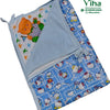 Baby Sheet With Towel - Water Proof, a folded rectangular textile piece featuring blue, white, and multicoloured patterned panels with cartoon illustrations