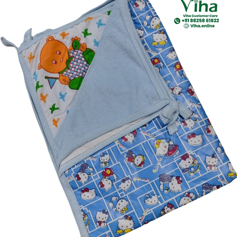 Baby Sheet With Towel - Water Proof, a folded rectangular textile piece featuring blue, white, and multicoloured patterned panels with cartoon illustrations