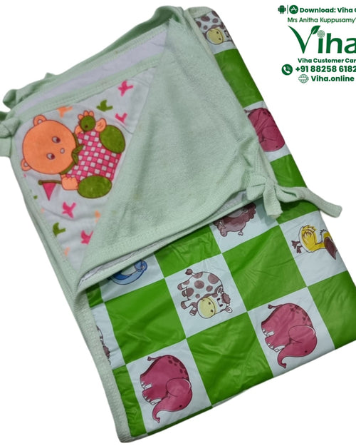 Baby Sheet With Towel - Water Proof, folded green and white textile sheet featuring cartoon animal prints and a soft hood section