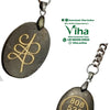 Pyrite Money Coin Key Chain, two dark grey oval pendants with gold-toned inscriptions attached to metallic chains