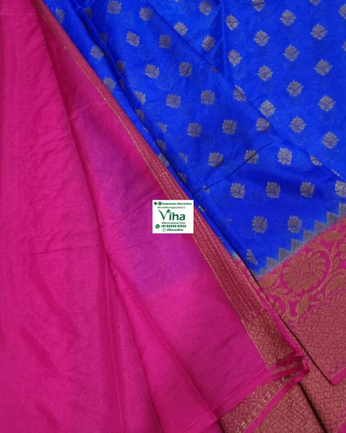 Banaras Semi Silk Saree in bright blue and magenta with a gold floral pattern