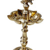 Annapakshi Designer Kuthu Vilakku, a polished gold-toned metallic stand featuring five petal-shaped bowls, a tiered base, and a peacock topper