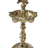 Annapakshi Designer Kuthu Vilakku, a gold-toned metallic stand featuring a circular base, a fluted stem, a bowl with five spouts, and a top figurine