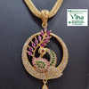 Impon Pendant Chain, a gold-toned pendant with clear, pink, and green stones, featuring a bird and circular frame, suspended from a textured chain