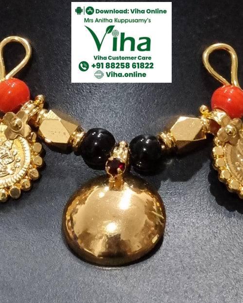 Impon Thali Set, gold medallions with red and black beads and a bell-shaped pendant