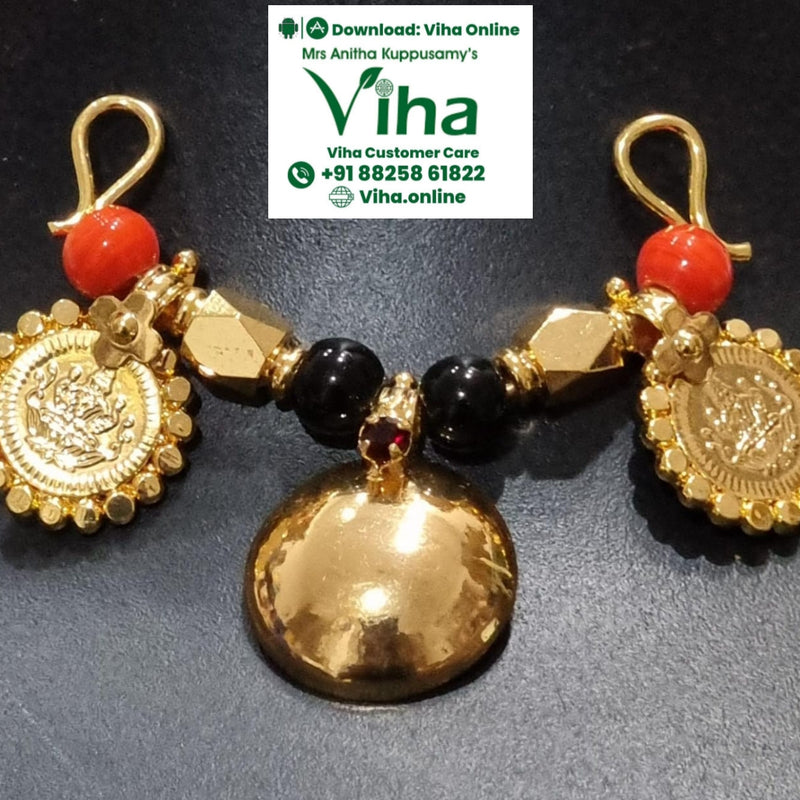 Impon Thali Set, gold medallions with red and black beads and a bell-shaped pendant