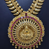 Impon Haram, gold-toned necklace featuring two parallel rows of paisley elements and a large round pendant with red and clear stones and hanging beads