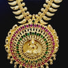 Impon Haram, a gold-toned necklace with two mango-motif chains framing a large round pendant featuring red and green stones around a central figure