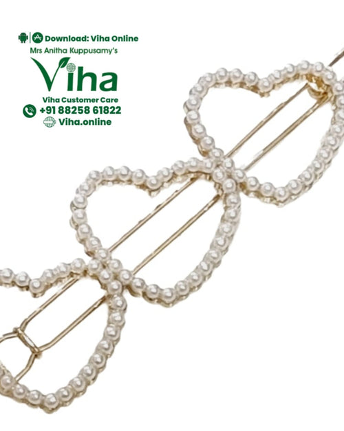 White Beads Heart Hair Clip, three pearl-beaded heart shapes on a gold-toned hairpin