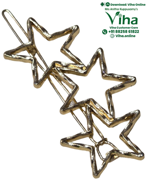 Three Star Hair Clip, gold-toned metal hairpin with three outlined star shapes