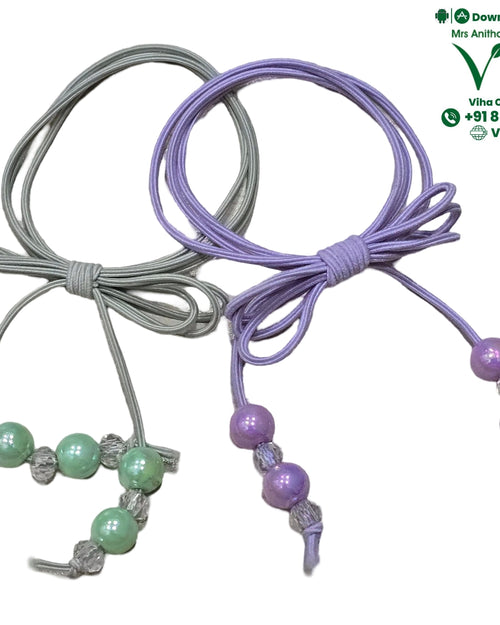 Beaded Hair Band, two elastic bands with bows, one grey with green beads, one purple with purple beads