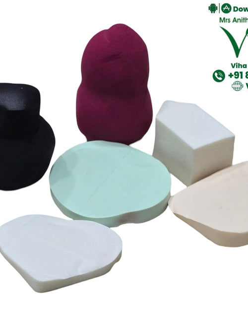 Make up Sponge, six matte makeup sponges in assorted shapes and colours including black, maroon, mint green, white, cream, and beige